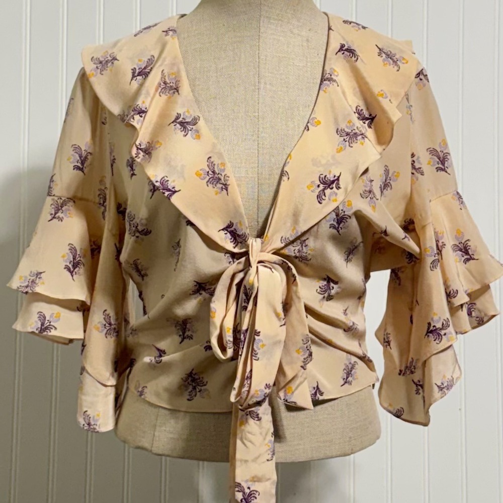 Cinq a Sept Floral Tie Front Blouse Womens Ruffle Flare Sleeve Peach Cottagecore